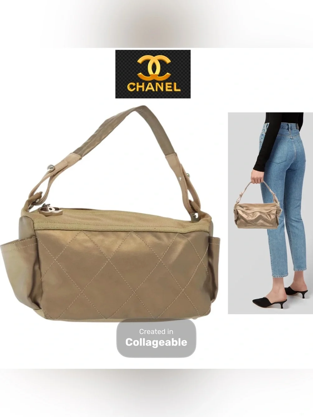 👜 CHANEL Beige Champagne Coated Canvas Metallic Silver shoulder Bag Quilted Auth